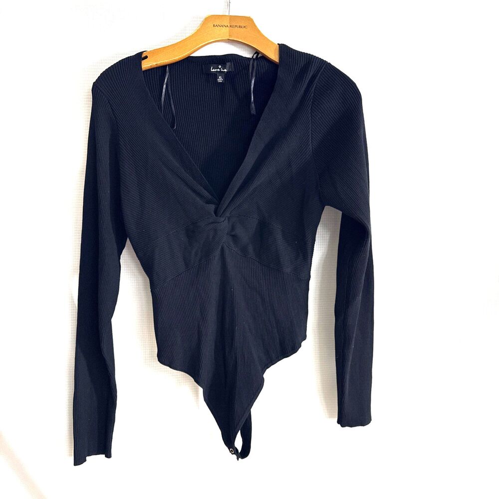 Love Tree Women's Black Scrunch Long Sleeve Body Suit One Piece Snap Crotch - XL